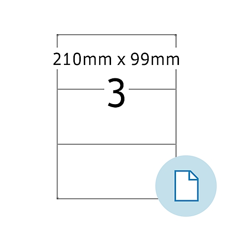 Etiket met opdruk 3, afmetingen: 210mm x 99mm. Blauwe cirkel met documentpictogram.