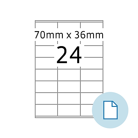 Labels met 24 velden, afmetingen 70mm x 36mm, klein documentpictogram.