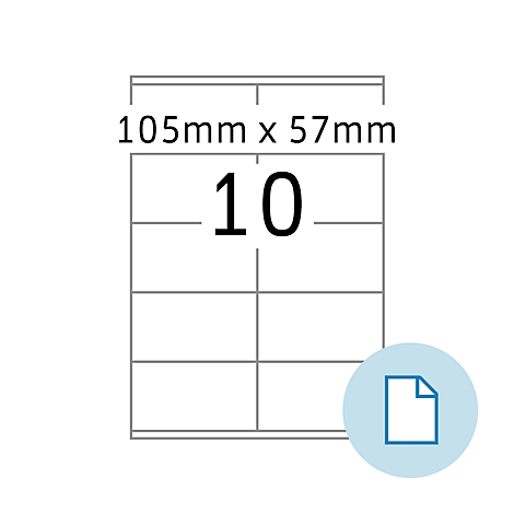 Label met de inscriptie 10 omgeven door een kader. Bovenaan staat 105mm x 57mm.