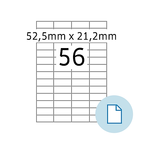 Sticker met nummer 56, met een raster van lijnen eronder. Boven staat: 52,5 mm x 21,2 mm. Een documentpictogram is rechts zichtbaar.
