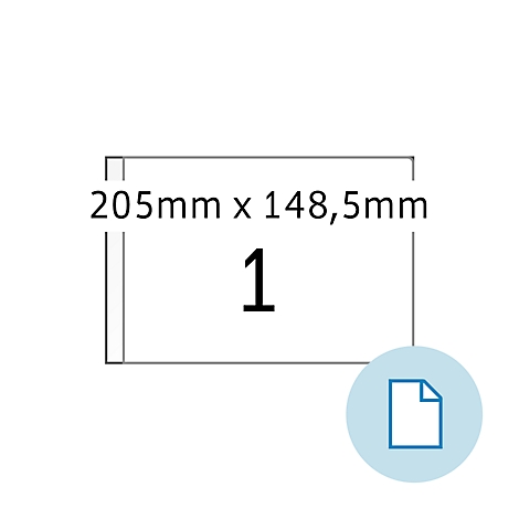 Rechthoek met opschrift: 205mm x 148,5mm, getal 1, documentsymbool.