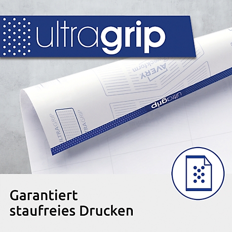 Rollo de papel con acento azul, la escritura UltraGrip y la declaración: Impresión sin atascos garantizada.