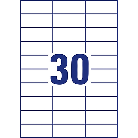 Una hoja rectangular con 30 etiquetas precortadas, líneas azul oscuro, numeral grande "30".