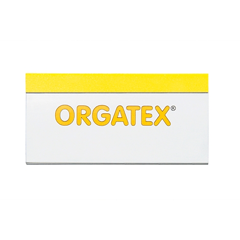 Letrero rectangular con la inscripción 'ORGATEX' en amarillo sobre fondo blanco, con un borde superior amarillo.
