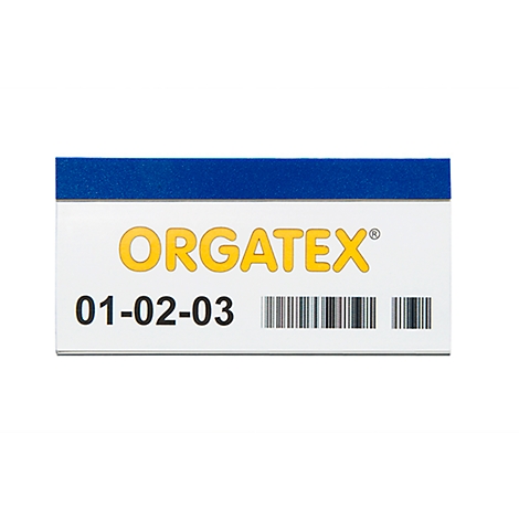 Adhesivo rectangular con una banda superior azul. Letras ORGATEX en amarillo, debajo 01-02-03 y un código de barras.