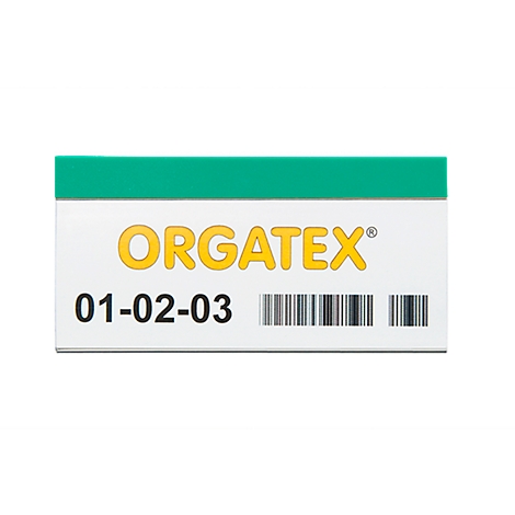 Adhesivo rectangular con borde superior verde, letras amarillas "ORGATEX", código numérico y código de barras.