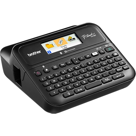 Étiqueteuse Brother P-touch noire avec clavier et écran. Des symboles sont visibles sur l'écran.