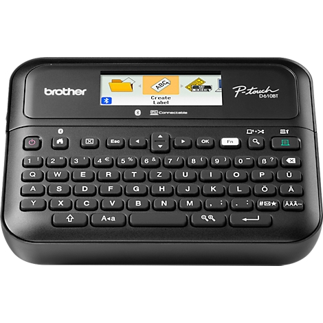 Étiqueteuse Brother P-touch noire avec clavier et écran. L'écran affiche "Create Label".
