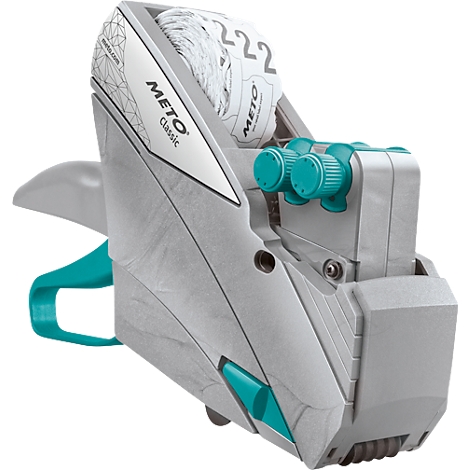 Machine d'étiquetage grise et blanche, détails turquoise. Impression "METO Classic". Rouleaux d'étiquettes à l'intérieur.