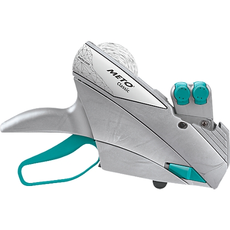 Étiqueteuse METO Classic grise avec poignée et accents turquoise.