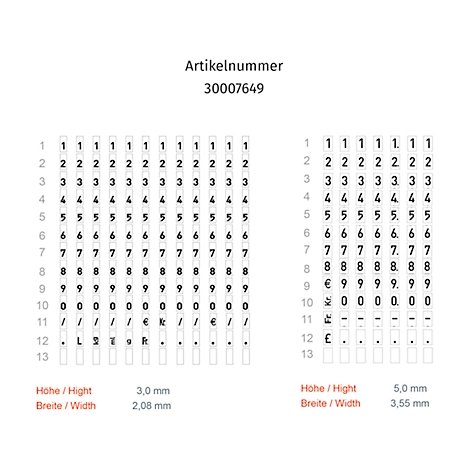 Tableaux avec des chiffres et des caractères spéciaux, numéro d'article 30007649. Gauche: 3,0 mm de haut, 2,08 mm de large. Droite: 5,0 mm de haut, 3,55 mm de large.