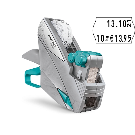 Marqueur de prix gris avec des accents turquoise et une étiquette de prix en arrière-plan.