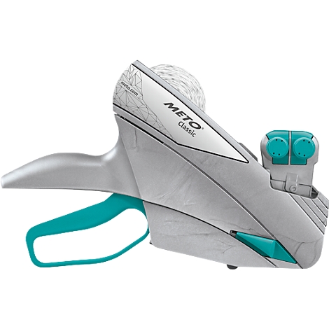 Pistolet d'étiquetage de prix METO gris avec des accents turquoise. Inscription : METO Classic.