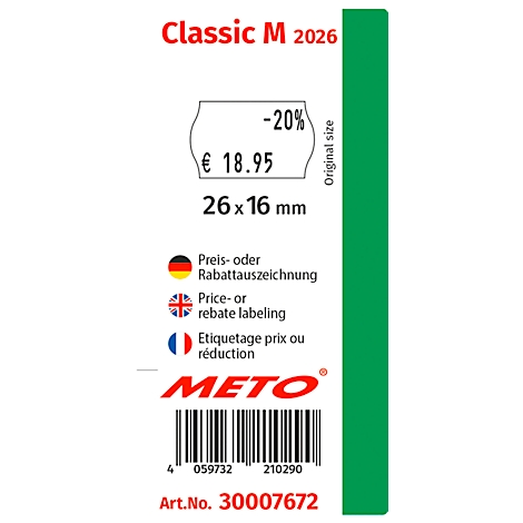 Étiquette avec texte rouge "Classic M 2026", informations sur les prix et les réductions, code-barres et logo METO.