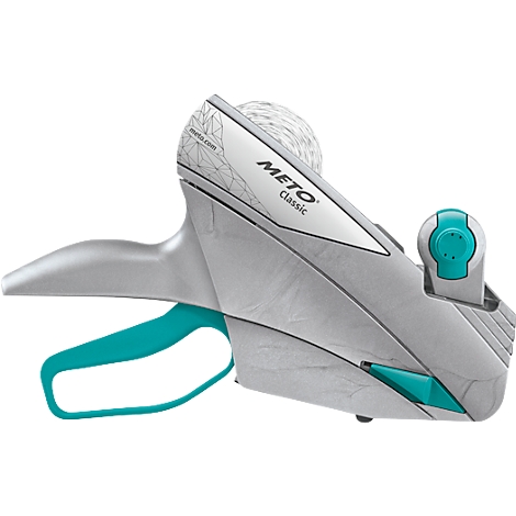 Une machine d'étiquetage de prix grise et turquoise de la marque Meto.