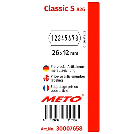 Étiquette avec les chiffres 12345678, en dessous de laquelle est écrit 26 x 12 mm. Le texte montre également 'Étiquetage prix ou code article'.