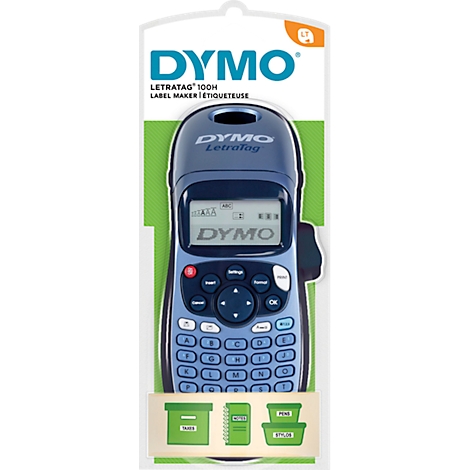 Étiqueteuse bleue DYMO Letratag 100H avec clavier, écran et trois boîtes de rangement vertes.