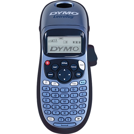 Étiqueteuse Dymo LetraTag, accents bleus et noirs avec clavier. L'écran affiche "DYMO".