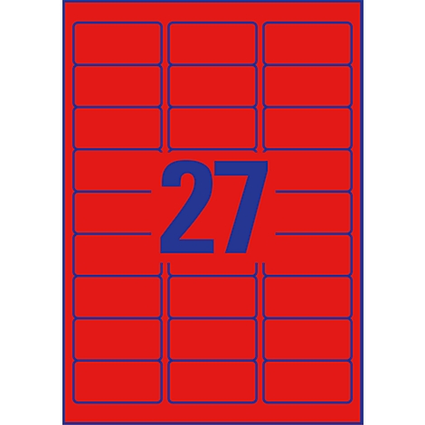 Une disposition d'étiquettes rectangulaires avec 27 étiquettes numérotées en bleu sur fond rouge, bordure bleue.