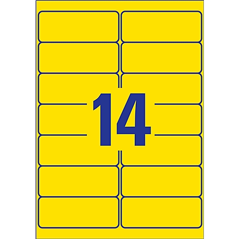 Feuille d'étiquettes jaune avec le chiffre 14 bleu, divisée en champs rectangulaires.