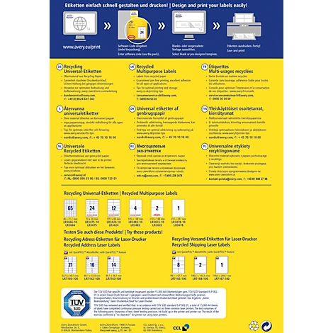 Flyer jaune avec illustrations de produits et informations sur les étiquettes de recyclage. En haut, il est écrit : Concevez et imprimez facilement vos étiquettes !
