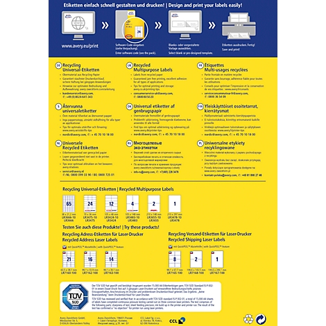Affiche publicitaire jaune avec des informations sur les étiquettes et l'impression. En haut à gauche, des icônes d'un site web, d'un logiciel, d'un concepteur, d'une imprimante. Ci-dessous, des exemples de produits.