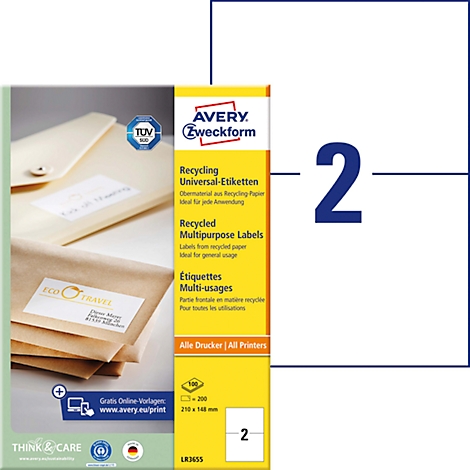 Emballage de produit avec étiquettes de recyclage d'Avery Zweckform, à côté d'une feuille d'autocollants.