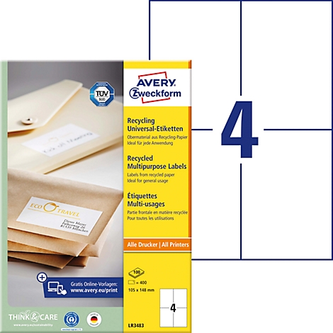 Paquet d'étiquettes de recyclage Avery Zweckform avec impression. À côté, une feuille de quatre étiquettes.