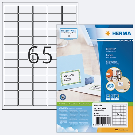Une feuille d'étiquettes avec 65 étiquettes, à côté d'un paquet d'étiquettes imprimées. Le paquet fait la promotion de "HERMA Premium" et contient des étiquettes et l'inscription "FREE SOFTWARE".