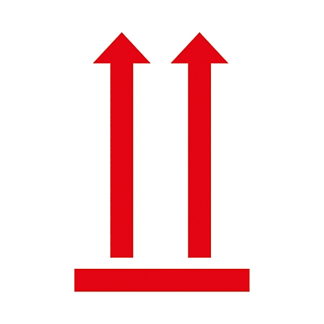 Flèches rouges pointant vers le haut, avec une ligne rouge en dessous. Symbole pour "Haut".