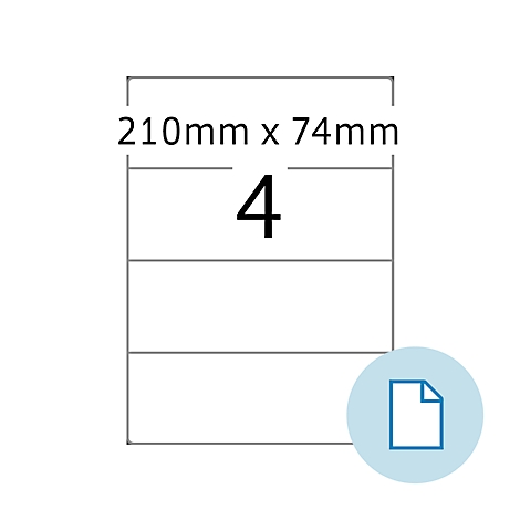 Une étiquette rectangulaire avec des impressions divisées en quatre sections, marquées du chiffre 4. En haut, il est écrit 210 mm x 74 mm.