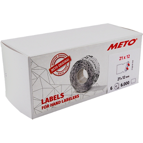 Boîte blanche d'étiquettes. Inscriptions : Meto, 21x12, Labels for Hand Labelers.