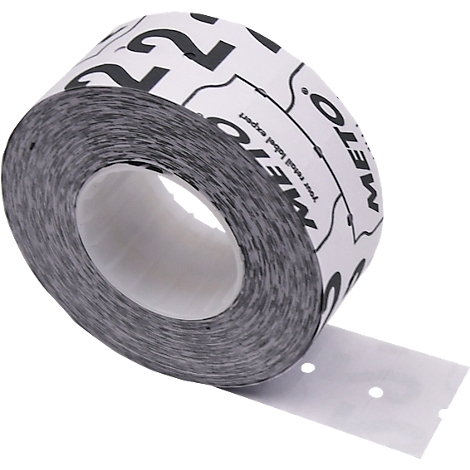 Rouleau de papier d'étiquettes, étiqueté avec des chiffres et le logo METO. Le reste du rouleau est gris.