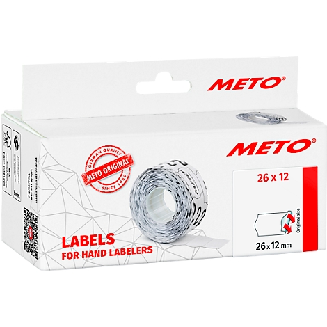 Étiquettes METO blanches dans une boîte en carton, avec l'inscription "LABELS FOR HAND LABELERS".