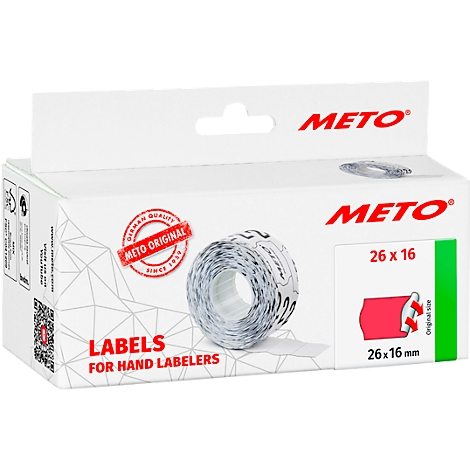 Boîte blanche avec rouleaux d'étiquettes. Impressions : Meto, 26 x 16, Labels for Hand Labelers.