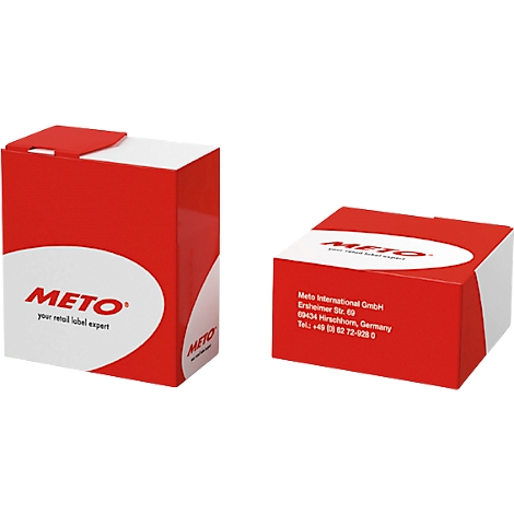 Deux emballages METO rectangulaires, rouges et blancs, un ouvert, un fermé. Les deux avec lettrage et logo.