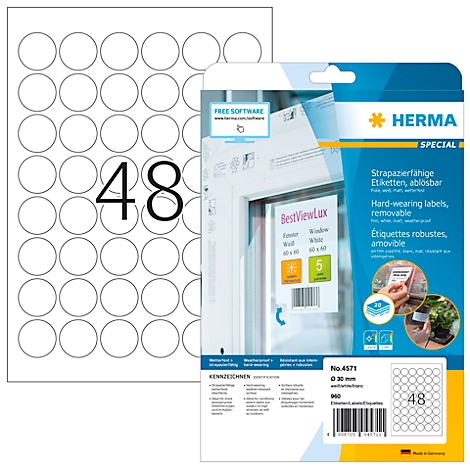 Feuille de 48 étiquettes rondes et emballage avec informations sur le produit.