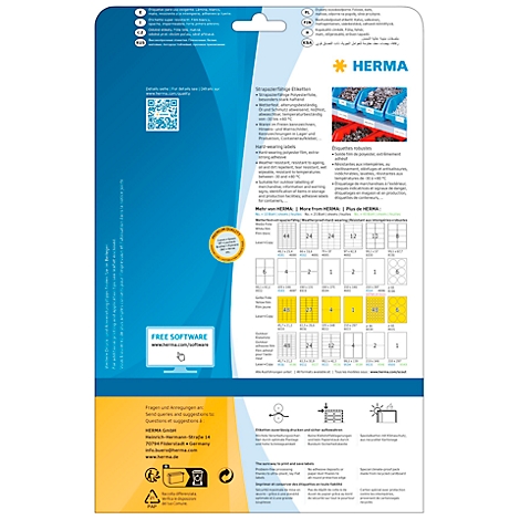 Emballage bleu pour étiquettes auto-adhésives de différents formats. Code QR en haut à gauche, exemples de produits au centre, logo de la marque à droite, texte en bas.