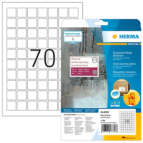 Une feuille d'étiquettes avec le numéro 70 et un emballage avec le logo Herma. L'emballage indique des étiquettes résistantes.