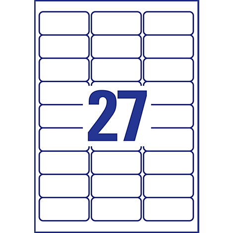 Feuille d'autocollants avec 27 étiquettes rectangulaires, bordure bleue et grand numéro 27 bleu.