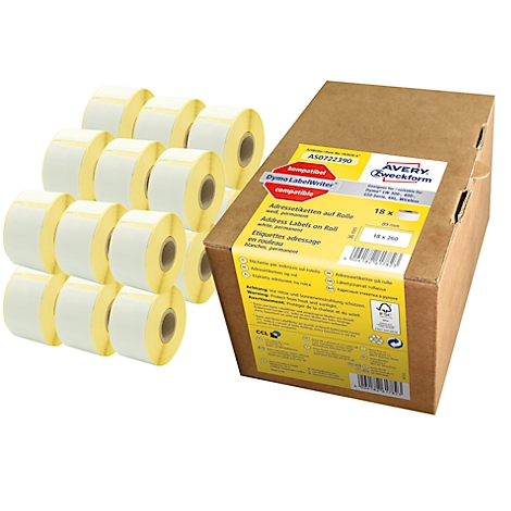 Une boîte d'étiquettes et plusieurs rouleaux d'autocollants blancs.