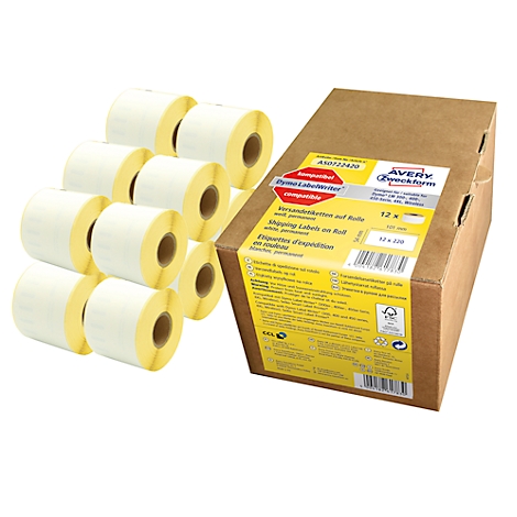 Rouleaux d'étiquettes et boîte avec description du produit. Inscription : Dymo-Labelwriter compatible.