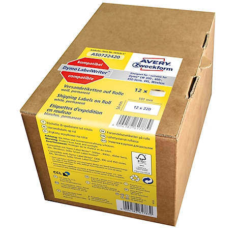 Boîte en carton d'étiquettes d'expédition pour Dymo LabelWriter. Impressions : Avery Zweckform, 12 x 220 étiquettes.