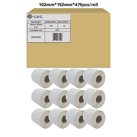 Boîte en carton avec des rouleaux d'étiquettes, dont 12 rouleaux. La boîte contient des informations sur la taille et la quantité des étiquettes.