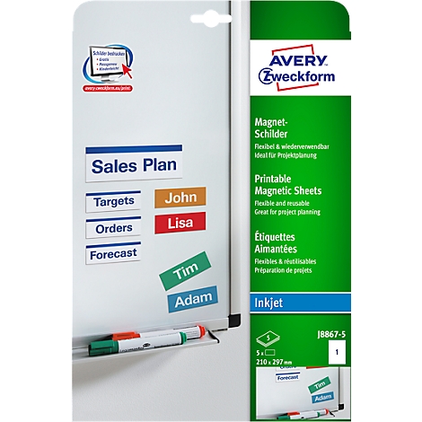 Présentation du produit : Panneaux magnétiques sur un tableau blanc. Des étiquettes comme "Sales Plan", "Targets", "John", "Lisa" sont visibles. Plus un emballage de produit en arrière-plan.