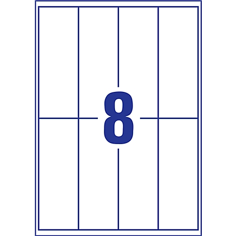 Étiquette blanche avec des lignes bleues divisées en huit sections. Un grand 8 bleu au centre.