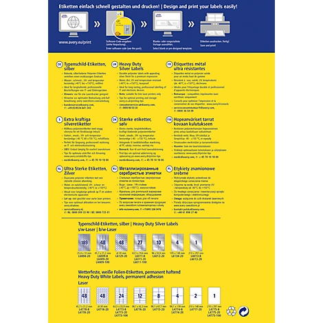 Feuille d'information jaune et bleue avec texte en plusieurs langues : "Concevez et imprimez vos étiquettes facilement et rapidement !"