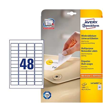 Avery Étiquettes autocollantes amovibles - 12 étiquettes par feuille A4 -  Blanc - L4743REV-25