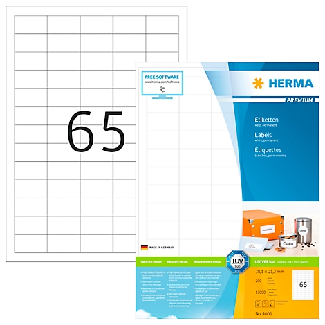 Trois feuilles d'étiquettes indiquant la taille 65 à côté d'un autocollant Herma bleu.