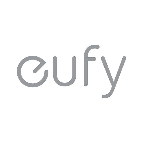 Das graue Logo des Unternehmens Eufy auf weißem Hintergrund.